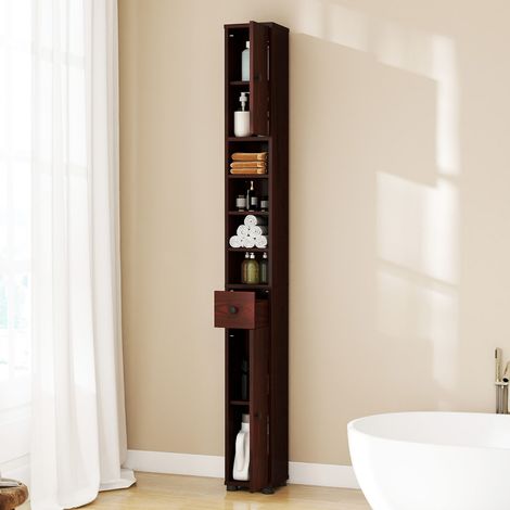 Armoire de Salle de Bain Haute et Mince Meuble Colonne avec 1 Tiroir Placard à Étagères Ajustables Brun (1/3)