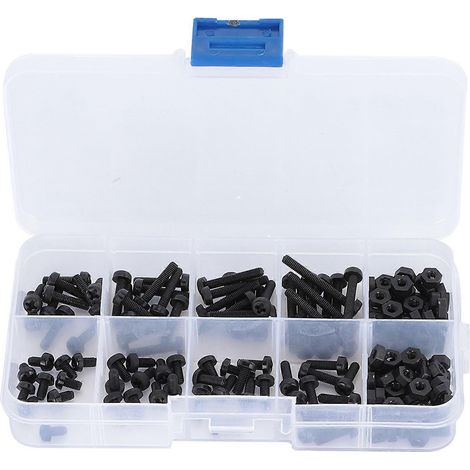 Ensemble de 160 pièces comprenant des écrous en plastique, des vis à tête Phillips en nylon, des écrous hexagonaux, des fixations et des outils M3.