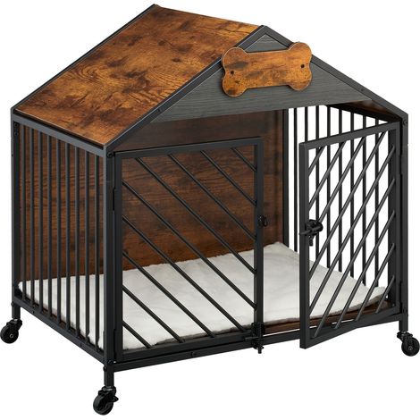 Relaxdays Dog Cage for Home, Industrial, HWD 73x70x53 cm, Dog Furniture with Wheels, Kennel, MDF, Steel, Brown/Black