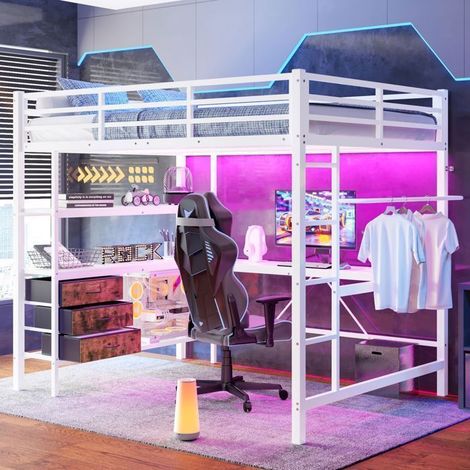 Lit Mezzanine 140x200 avec Bureau LED et Prises USB Blanc - lit 2 places - Structure Métal Robuste Escalier de Rangement 3 Tiroirs (1/5)