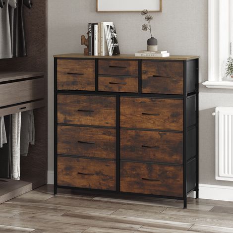 WOLTU Kommode, Aufbewahrungsschrank mit 10 Schubladen aus Stoff, Schubladenschrank Sideboard, für Wohnzimmer Schlafzimmer Flur, Metallrahmen, Vintagebraun Schwarz