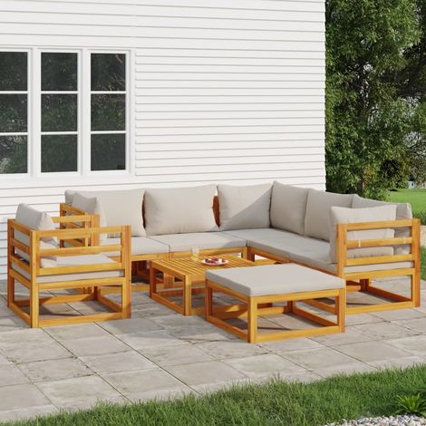 8 pcs Salon de jardin, Ensemble table et chaises de jardin, Meuble de jardin avec coussins gris clair bois massif MKW753560 (1/5)