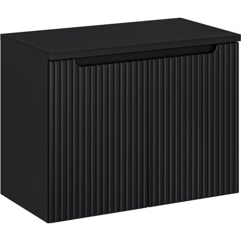 Hängendes Badezimmer-Set VANO 80cm: Unterschrank mit gerillten Mattschwarz-Schränken + Mattschwarze Waschtischplatte