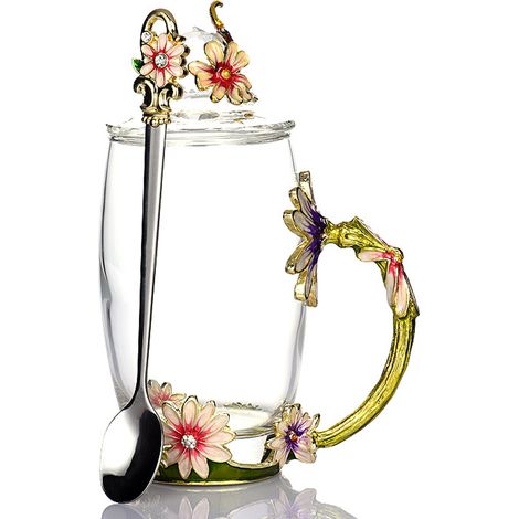 Tasses à café en verre faites à la main avec cuillères, tasses de 350 ml, cadeaux de Saint-Valentin et de fête des mères.