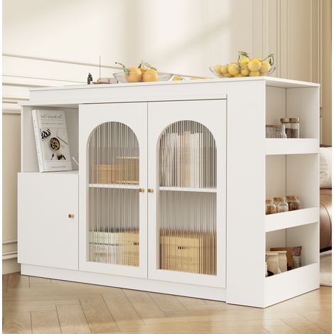 Buffet bar pivotant 120x40x97 cm blanc en MDF avec portes en verre et rangement multifonction (1/5)