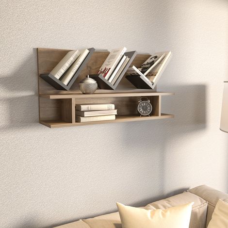 Etagère murale larissa 90 cm design géometrique (noyer et anthracite) (1/5)