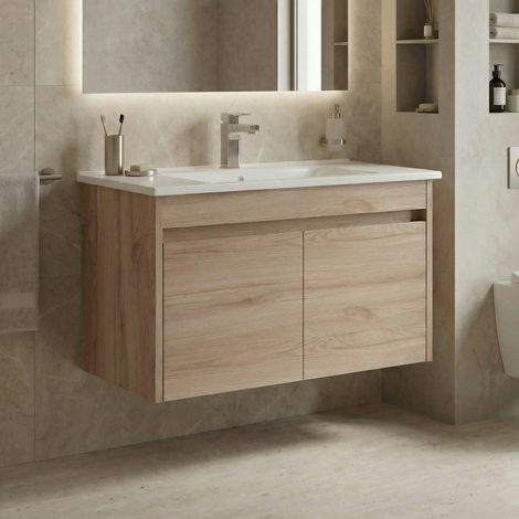 Meuble vasque suspendu 85 cm décor chêne 2 portes MOANA (1/4)