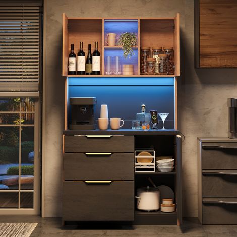 Buffet haut de cuisine MDF coloris neutre 100x40x180 cm, plan de travail noir, LED réglables, prise EU, grand rangement (1/5)