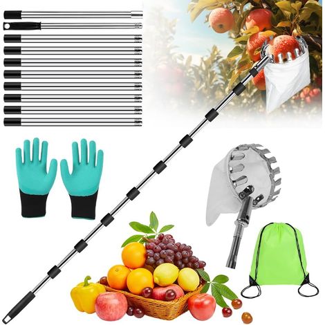 Teleskop-Obstpflücker, 4,2 m langer, abnehmbarer Obstpflücker, Kirschpflücker mit verstellbarer Stange, leicht und mit Aufbewahrungstasche, Apfelpflücker zum Pflücken von Orangen, Pfirsichen, Kirschen (1/5)