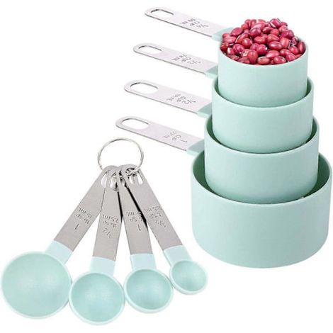 Set aus 8 stapelbaren Messlöffeln aus Edelstahl mit ergonomischen Griffen – für trockene und flüssige Zutaten – azurblau