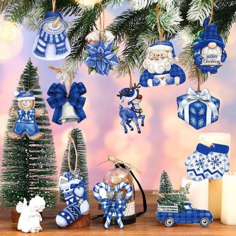 36 décorations de Noël, bois ajouré bleu, 12 styles, ficelles incluses, sapin couronne maison (1/5)