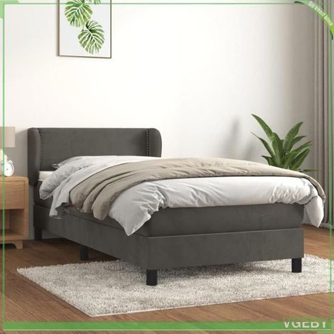 Lit - FAF7291712409431 - Sommier à lattes 90x190 cm - Velours gris foncé - Matelas 20 cm (ressorts ensachés) (1/5)