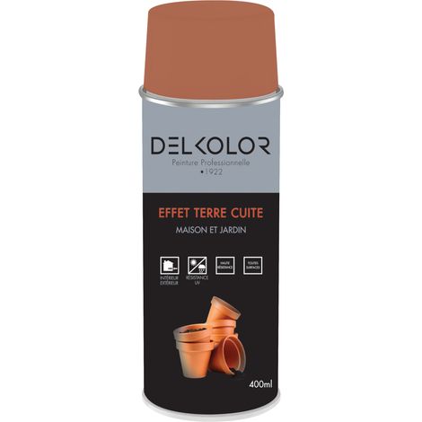 Delkolor – Peinture effet terre cuite aérosol 400 ml – Finition mat terracotta – Résistance UV et intempéries – Application facile sur bois, métal, verre