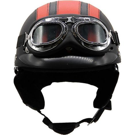 Casque de moto d'été léger en cuir style rétro Harley, avec lunettes de protection, demi-casque tendance, pour véhicules électriques, noir et rouge. (1/3)