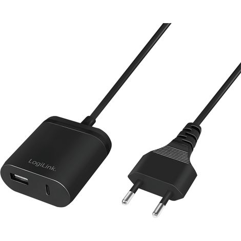 LogiLink 12W USB-Wandladegerät mit 1x USB-A- und 1x USB-C-Kabel (1,5 m), Schnellladefunktion, schwarz (1/5)