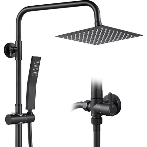 Colonne de Douche Sans Mitigeur Noir Mat en Laiton, Colonne Télescopique 68-108cm avec Tête de Douche Carrée 8", Douchette Carrée et Flexible PVC, pour Baignoire et Salle de Bain (1/5)