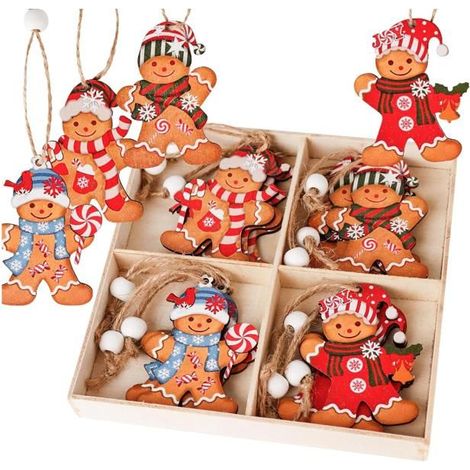 Lot de 12 décorations de Noël bonhomme pain d'épices, pendentifs en bois pour sapin, étiquettes pain d'épices (1/5)