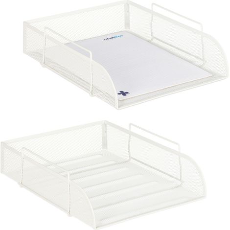 2x Vaschetta Portadocumenti, per Formato A4, Design a Griglia, Portalettere per Ufficio, Metallo, 25x34 cm,Bianco (1/5)