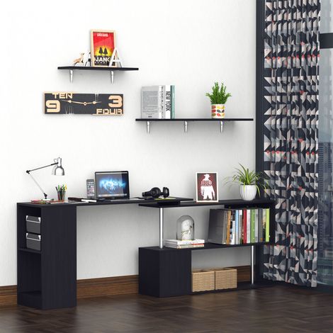Bureau d’angle économique place surface en S bureau moderne en bois - Dimensions: 140x120x78 cm - Couleur: Noir