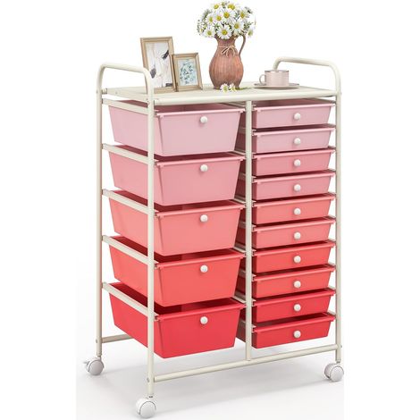 COSTWAY Carrito Auxiliar Almacenamiento con 15 Cajones Apilables y Ruedas Estructura Metálica, Carro Organizador para Cocina Restaurante (Rosado Degradado) (1/5)