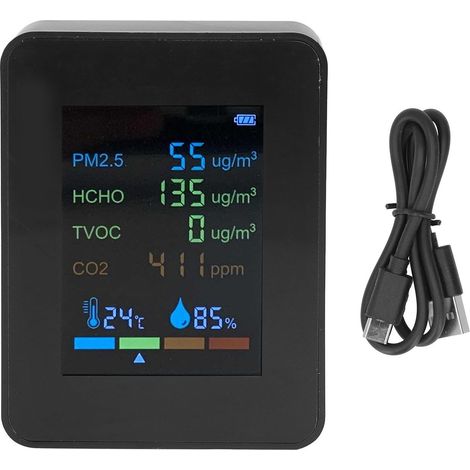Détecteur de Qualité d'Air 6 en 1 avec Mesure CO2, PM2.5, TVOC, HCHO, Température - Noir, Recharge USB (1/5)