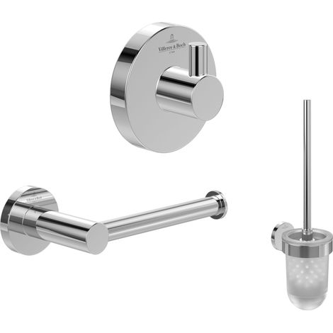 Villeroy & Boch Elements-Tender Badaccessoire-Set (3 in 1 Bundle), Bad Zubehör Set bestehend aus Handtuchhaken, Toilettenpapierhalter ohne Deckel und Toilettenbürstengarnitur, Chrom (1/5)