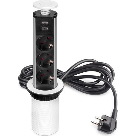 Bloc multiprise escamotable avec 3 Prises EU et 2 Ports USB, Tour multiprise encastrable pour Plan de Travail de Cuisine ou Table de Bureau, Peint en Blanc, Plastique et Aluminium (1/5)