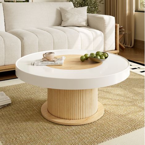 Table basse ronde 75x75x39 cm avec plateau bicolore blanc et bois, pied rainure, MDF et PVC naturel (1/5)