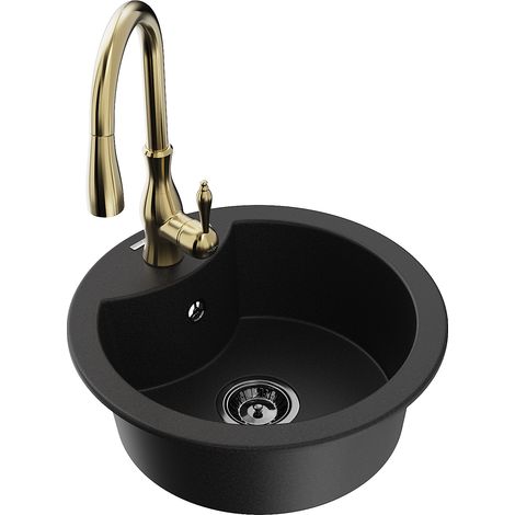 Mexen Diego fregadero de granito de 1 cubeta con grifo de cocina Savita, negro - 6512-77-672601-50-B