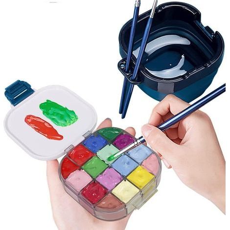 Palette de Peinture de Voyage avec rondelle de Pinceau Pliable, Portable 16 emplacements hermétique avec Nettoyeur de Pinceau et Support de Pinceau