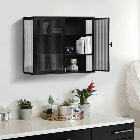 Meuble de rangement mural 70 x 23 x 60 cm à 2 portes, 3 niveaux, en métal et verre trempé noir (1/5)