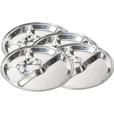 KLVGTIFS PU - Ensemble de 4 assiettes rondes en acier inoxydable à cinq compartiments, thali, plateau, assiette plate (1/2)