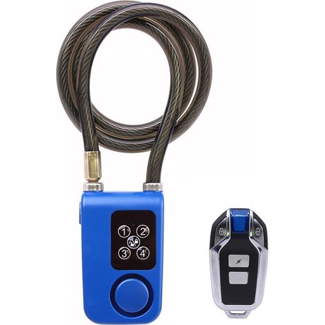 Lucchetto per bicicletta Mengshen con telecomando, allarme a vibrazione, cavo da 80 cm, impermeabile IP55 per bicicletta, moto, cancello, recinzione, scooter, passeggino (blu) (1/5)