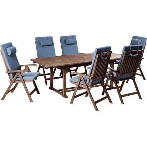 Set da giardino con 6 sedie in legno di acacia marrone scuro con cuscini blu Amantea