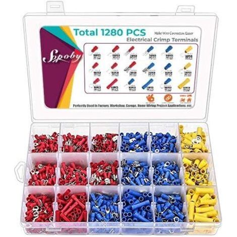 1280 PCS Assortiment Bornes Isolées à Sertir Connecteur à Sertir Électrique Set Cosse Isolée Électrique Plate Ronde Connector Câble Electrique Isolé Bornes Avec Etui (1/5)
