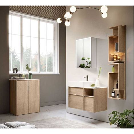 Mobile Bagno Space80 cm SospesoRovere Bruges Base 3 cassetti e vano a giorno - Lavabo in Resina (1/5)