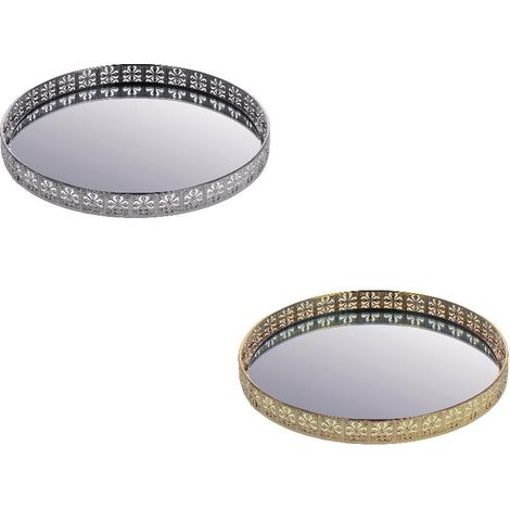 Vassoio Decorativo Casa in Metallo e Vetro Tondo Oro o Argento 25 cm 2 Colori (1/2)