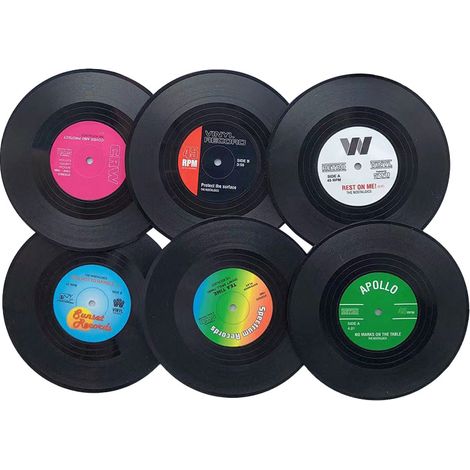 Ensemble de 6 pièces : sous-verres, disques vinyles vintage et tapis antidérapants et isolants pour le café et autres boissons. (1/5)