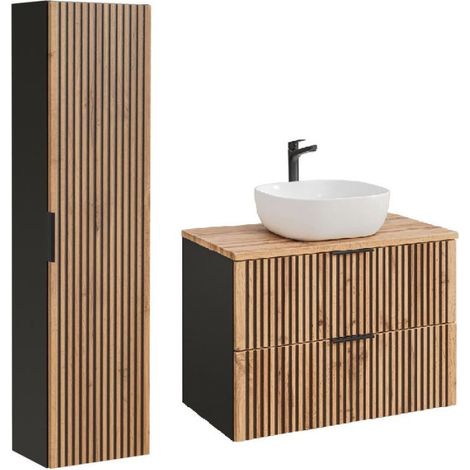 Ensemble meuble vasque à poser 80 cm + colonne Sylve Black Wotan - Livraison gratuite
