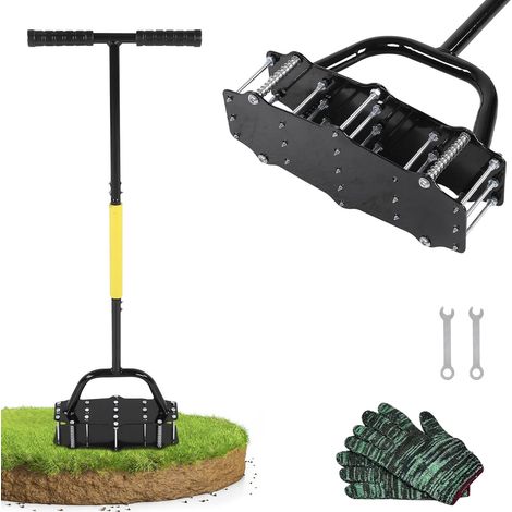 Outil manuel d'aération de gazon, outil d'aération de gazon à 17 pointes assistées par ressort avec nettoyage automatique de la terre et des feuilles, assouplisseur de sol avec gants et pédale (1/5)