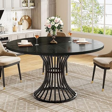 Tribesigns 120 cm Round Dining Table for 4-6 People, Farmhouse Kitchen Table with Sturdy Metal Base, Ideal for Small Spaces, Breakfast Nook, Living Room, Rustic Brown (Black) (1/5)