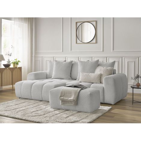 BOBOCHIC - Canapé d'angle convertible coffre ROXELANE tissu bouclette avec pouf Angle gauche  Gris clair (1/5)