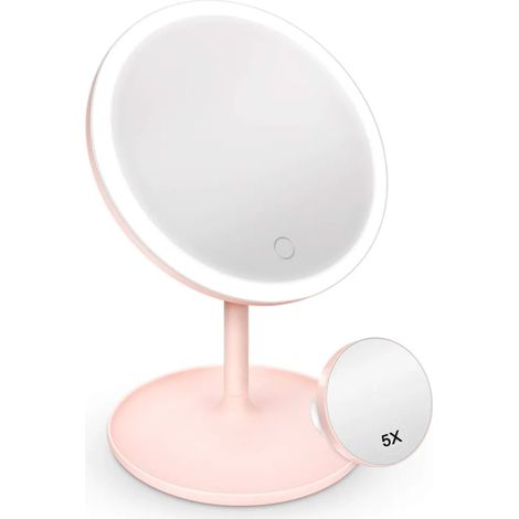 Espejo de Maquillaje LED con Luz, Aumento 5X, Recargable, Fuente de Luz Tricolor, Giratorio 90 Grados, Espejo Cosmético Portátil (1/4)