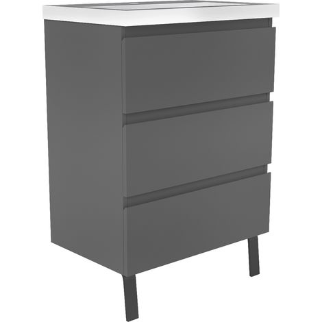 OCEAN Meuble de Salle de Bain Suspendu Anthracite avec vasque - 3 Tiroirs, 60 cm MDF
