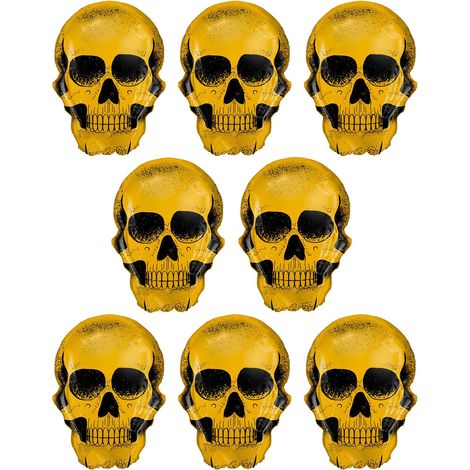 Ensemble de 8 ballons en aluminium doré en forme de crâne de 77 cm (30,2 pouces) pour la décoration d'Halloween et de fêtes d'anniversaire effrayantes, or et noir. (1/5)