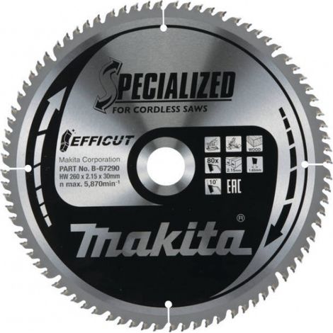 Makita – Lame de scie circulaire 260mm – B67290 – Ø alésage 30mm – Épaisseur 2.15mm – 80 dents pour bois dur