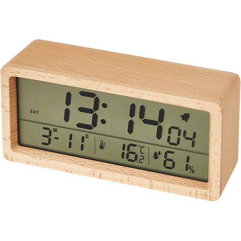 Schlafzimmerwecker, multifunktionaler LED-Wecker mit Thermometer und Hygrometer, helles Display, Wecker aus Massivholz, großes Display (1/5)