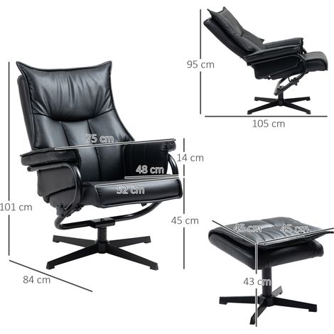 Fauteuil relax inclinable pivotant, similicuir noir, acier, avec repose-pieds, dossier ajustable, idéal salon/TV, confort premium (1/5)