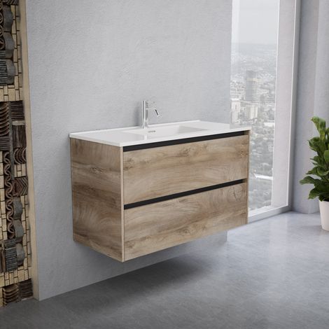 Inda - Badezimmerschrank 2 Schubladen B.100 mit glänzendem Waschbecken / Natureiche - Smeraldo (1/5)