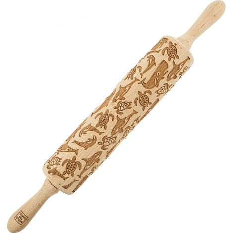 Mattarello in legno MoodForWood, inciso, 43 cm con manici, perfetto per la cottura al forno - Motivo oceano (1/5)